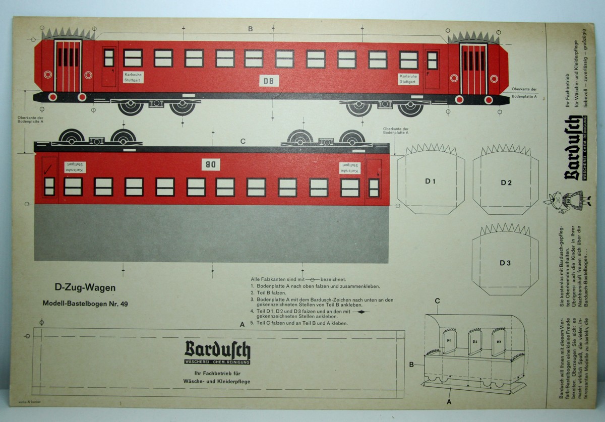 Bastelbogen 49, D-Zugwagen, zur Herstellung eines roten D-Zugwagens, gebraucht in gutem Zustand, siehe Bilder